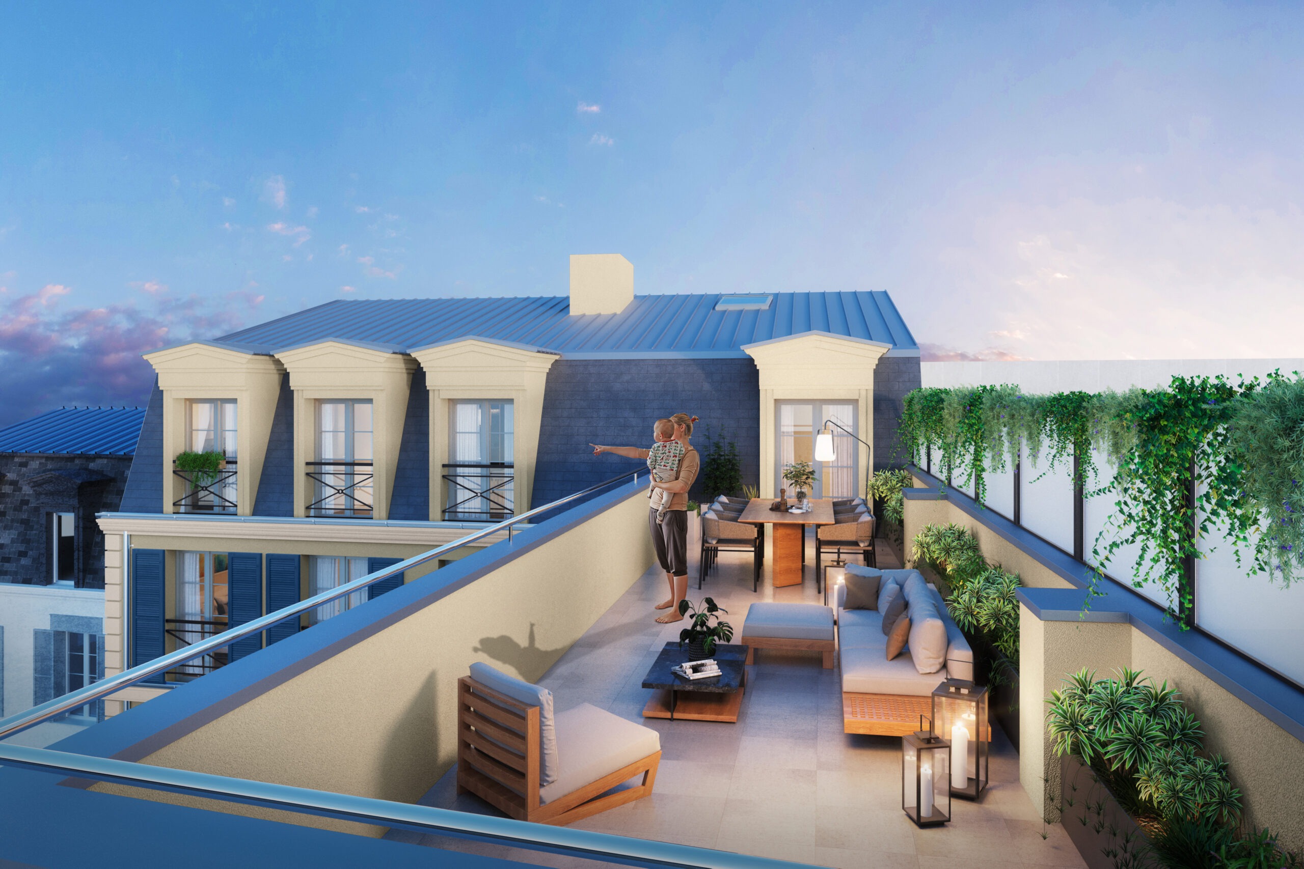 Parent et enfant sur la terrasse d’un appartement neuf au dernier étage à Paris