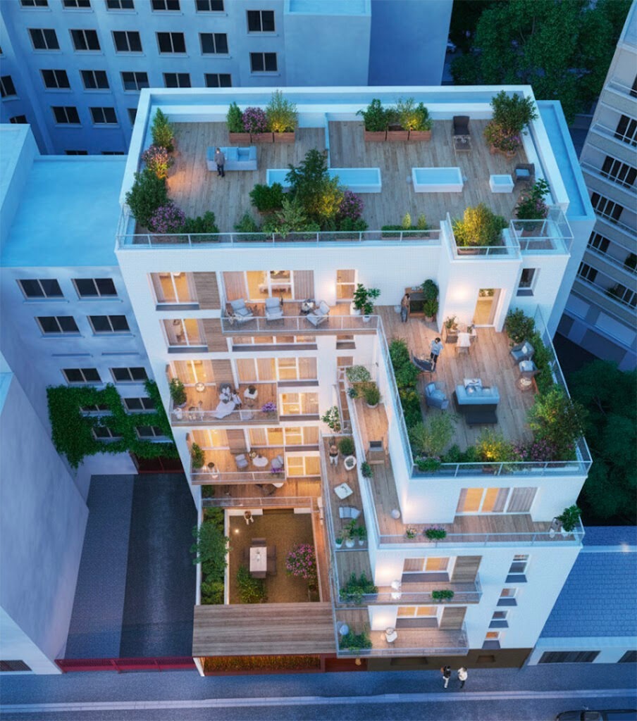 Vue aérienne 3D d’une mini copropriété avec terrasses et balcons en Île-de-France